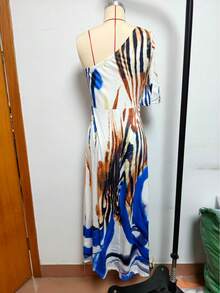 Women's Fashion Casual Single Sleeve Open Shoulder Milk White Printed Dress - Blue - View 2
