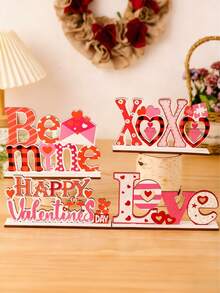 3 piezas Conjunto de adornos de mesa de madera para el Día de San Valentín - Diseños con patrones lindos en rojo brillante y rosa suave (Sé mío/XOXO/AMOR/Feliz Día de San Valentín), acentos decorativos ligeros y duraderos, perfectos para decoración de habitación/fiesta y ambiente romántico del Día de San Valentín - Multicolor - Ver 1