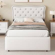 Flat Bed 90*200, Padded Bed, Bedside Table Cushion With Decorative Studs, Double Drawers, Light Beige Color - 淺米色 + 中密度纖維板 + 90公分*200厘米 - 查看 5