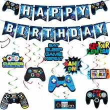 10/15件套电子游戏主题生日派对装饰品，蓝色生日快乐横幅和游戏手柄悬挂装饰，复古游戏主题派对用品，适合男孩和儿童 - 遊戲主題裝飾 - 查看 2