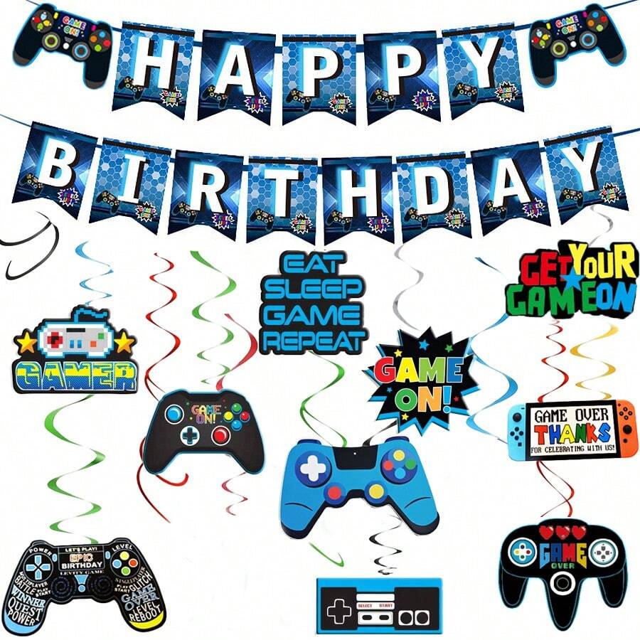 10/15件套电子游戏主题生日派对装饰品，蓝色生日快乐横幅和游戏手柄悬挂装饰，复古游戏主题派对用品，适合男孩和儿童