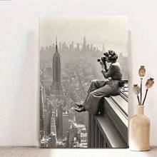 Framed Black & White Vintage Photography Canvas Wall Art | Minimalist Modern Decor, NYC Skyline Poster With Woman Taking Photos, High-Quality Ink Print For Living Room, Bedroom - 彩色 - 查看 1