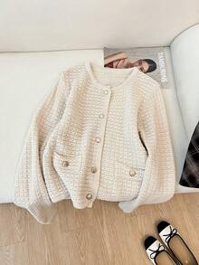 Fashion Button Knit Cardigan - Casual Long Sleeve, Solid Color, Women's Autumn Winter Clothing Fashion Sweater - Apricot - View 7