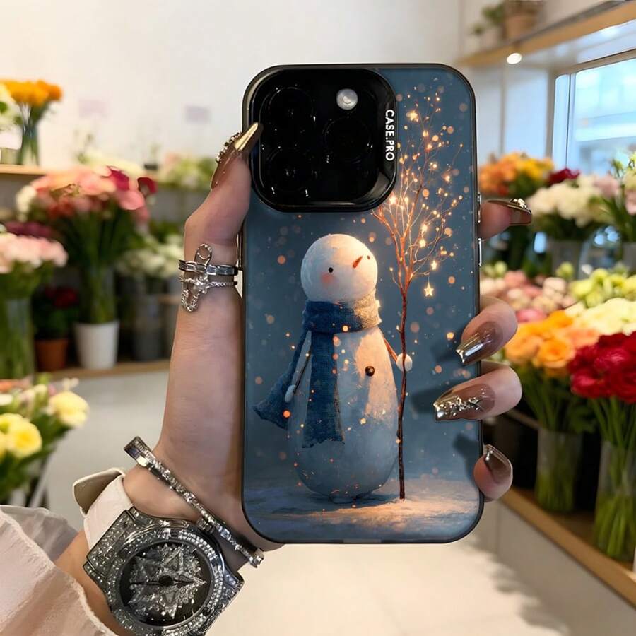Cubierta de telefono con diseño de muñeco de nieve azul con estrellas y texto CASENO para uso diario en invierno Aplicable a los teléfonos de la serie Apple y Galaxy - Negro - Ver 1