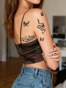 Pegatinas de tatuaje temporal con estilo gótico Y2K de mariposa, serpiente y pluma - Tatuaje floral oscuro para el brazo, apto para muñeca, tobillo, hombro, cuello, clavícula, pegatinas de tatuaje realistas impermeables para DIY, convención de anime, festival, San Valentín, fiesta - Negro - Ver 4