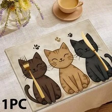 1/4/6/8 件装可爱宠物猫印花亚麻餐垫，可水洗，保护桌面，适用于室内/室外用餐，适合节日派对、厨房和餐桌装饰 - 彩色 - 查看 21