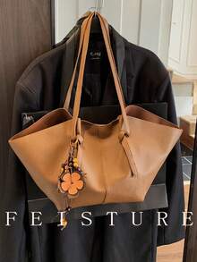 1 pieza Bolso de mano grande de unicolor FEISTURE de PU, bolso de hombro de moda con bolsillo pequeño y colgante, adecuado para salidas diarias, citas, ir al trabajo - Marrón - Ver 5