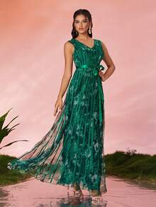 Vestido de Festa Longo Floral com Painel Transparente Decote em V para Mulheres Magiacy - Vestido Formal de Luxo, Vestido Verde - Verde - Visão 6