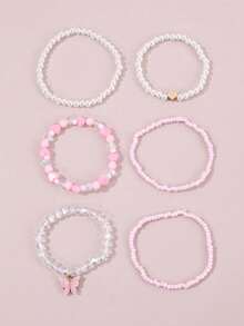 Bộ 6 chiếc vòng tay đính hạt ngọc trai và hạt cườm hình trái tim và bướm dành cho bé gái, trang trí để đeo hàng ngày - Hồng - Xem 6