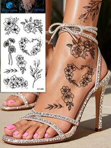 STARTTOOS Stiker Tato Sementara Motif Kupu-kupu Gelap, Bunga, Daun, Mawar, Daisy, dan Tanaman, Cocok untuk Bahu, Leher, Tulang Selangka, Pergelangan Tangan, Pergelangan Kaki, DIY, Dekorasi Sehari-hari, Pesta, Liburan, Hadiah, Tahan Air, Stiker Tato Realistis - Hitam - View 10