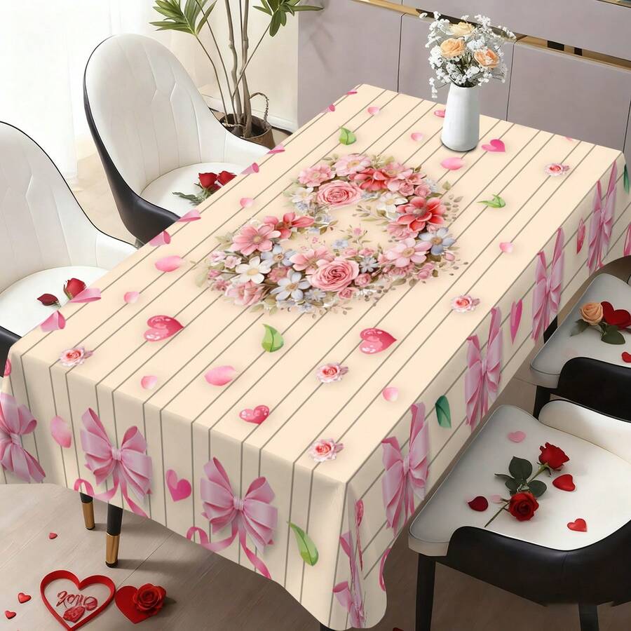 1pc/50pcs Valentine's Day Theme Tablecloth - Romantic Heart Wreath With Pink Bow Print, Foldable, Easy Storage, Polyester, Suitable For Kitchen, Dining Room, Holidays, Parties, Easy To Clean Valentine's Day Rectangular Tabletop Decor, Party Tablecloth, Modern Dining Table Cloth - Multicolor - View 1