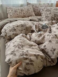 1 Duvet Cover, 1 Bed Sheet, 2 Pillowcases Leaf Pattern Linen-Like High-End Bedding Set, Elegant Minimalist Style, Soft & Comfortable Bedroom Bedding Set, Suitable For Bedroom, Dorm, Home Use, Multiple Sizes Available & Holiday Gift, All Seasons