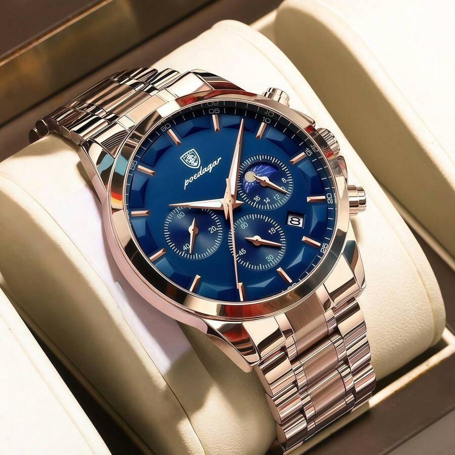 POEDAGAR Luxury Man Wristwatch Military Waterproof Luminous Chronograph Men Watch Stainless Steel Men's Quartz Watches+Box Japan Automatic Quartz Movement For Men's Watches Birthday Gifts Father's Day Gifts Lovers Business Partners Souvenirs Halloween Christmas