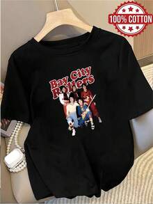 1PC 100% Cotton Bay City Rollers Band Music Group Retro Style Print Women's Crewneck Tshirt,Perfect for casual wear, holiday gifts, birthday gifts, daily outfits. Soft and comfortable fabric, vintageinspired design, great for music fans, stylish and trendy look, easy to match with jeans or shorts, a musthave in your wardrobe, suitable for all seasons, versatile and fashionable, everyday wear. - Negro - Ver 1