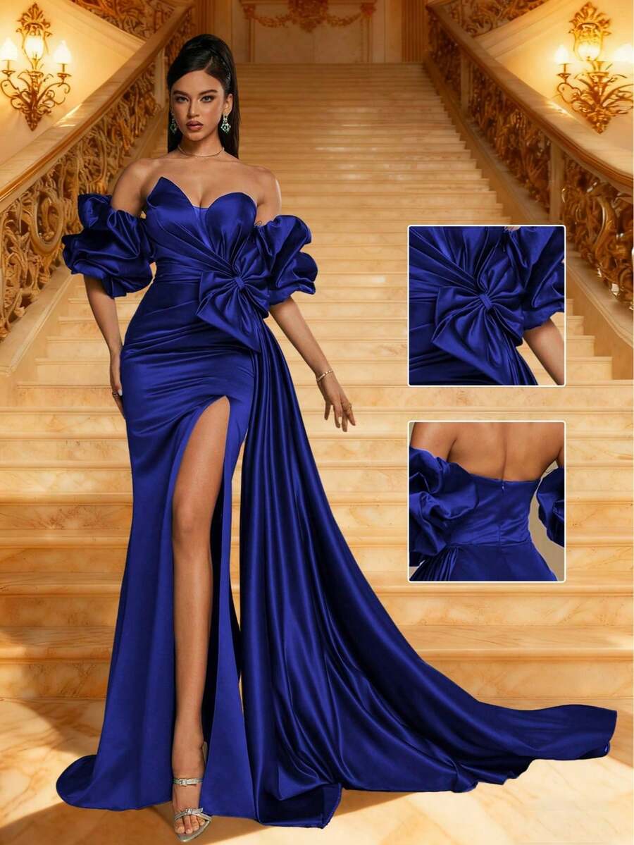 Smilprince 新款优雅藏蓝色正式晚礼服，修身露肩荷叶边缎面蝴蝶结，女士正式派对礼服，优雅派对礼服，舞会礼服，婚礼宾客礼服，春季 - 寶藍色 - 查看 1