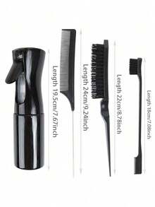 4pcs Spray Bottle And Hairbrush Set, 1 Spray Bottle + 1 Pointy Tail Comb + 1 Eyebrow Brush + 1 Fluffy Comb, Hair Brush For Boys And Girls, Comb Brush For Wet And Dry Curls, Parting Brush, Brush For Coarse And Fine Hair Treatment, Makeup, Black Five Set, Christmas Set Back-To-School Season - 黑色 - 查看 7