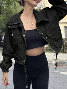Women's Cropped Oversized Utility Jacket - Lightweight Water Resistant | Zip Up, Collar Neck, Multiple Pockets, Drawstring Detail, Elastic Cuffs - New Year Daily Casual Outings, Fall Winter Layering Wear - Black - View 1