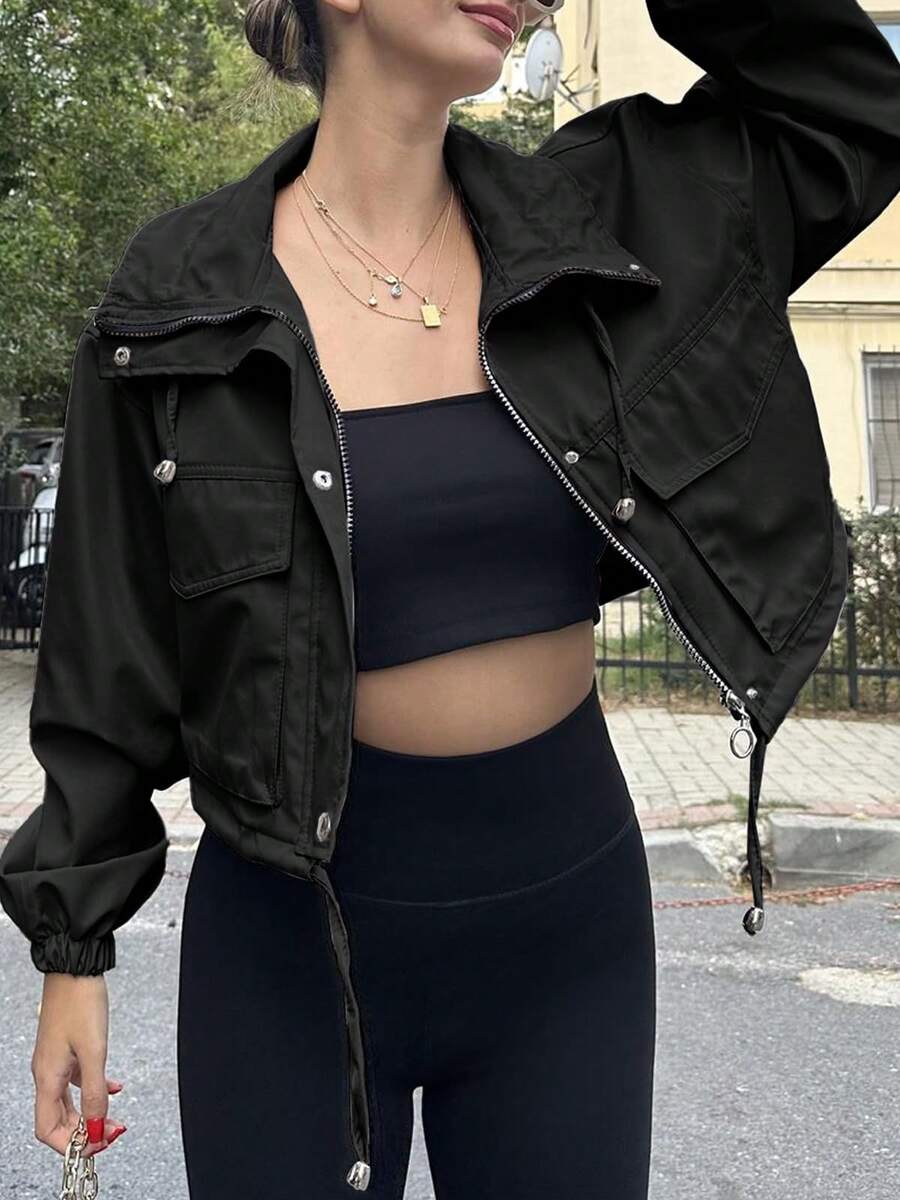 Women's Cropped Oversized Utility Jacket - Lightweight Water Resistant | Zip Up, Collar Neck, Multiple Pockets, Drawstring Detail, Elastic Cuffs - New Year Daily Casual Outings, Fall Winter Layering Wear - Black - View 1
