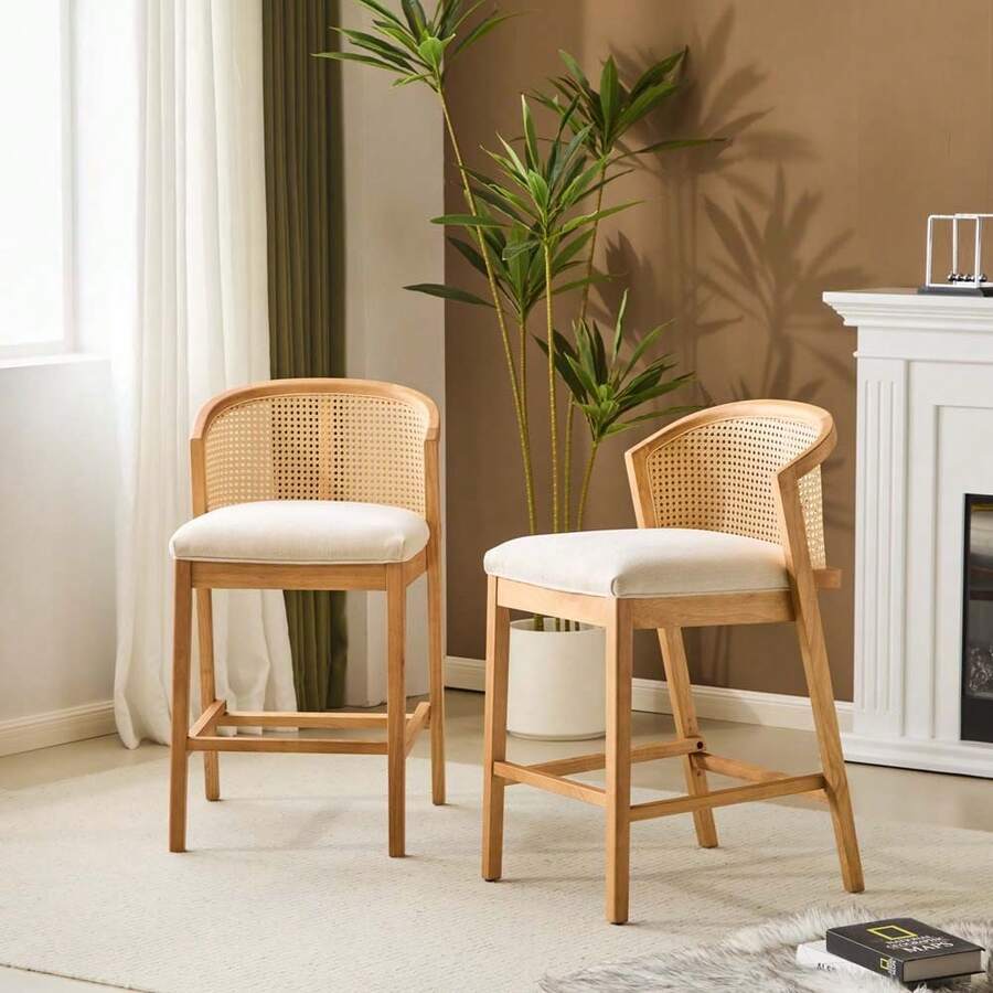 MERAX Indoor Wooden Counter Stool, Natural Finished Frame With Beige Upholstery, Set Of 2 - 米色+自然色 - 查看 1