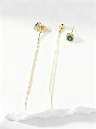 一對方形方晶鋯石綠色長流蘇兩吊帶耳環