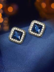 2pcs Fashionable Square Blue Rhinestone Stud Earrings For Women In Business Or Leisure - Navy Blue - View 5