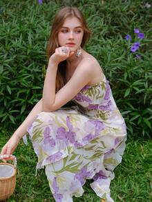 女士印花荷叶边领口不对称流苏露背吊带连衣裙 - 紫色 - 查看 4