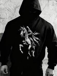 Men's Hooded Sweatshirt, New Autumn/Winter Sports Street Fashion Mysterious White Horse Knight Cloak Poncho For Glory, Loose Minimalist Kangaroo Pocket Fleece Hoodie, Leading Fashion - Black - View 1