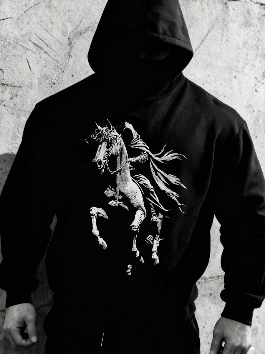 Men's Hooded Sweatshirt, New Autumn/Winter Sports Street Fashion Mysterious White Horse Knight Cloak Poncho For Glory, Loose Minimalist Kangaroo Pocket Fleece Hoodie, Leading Fashion - Black - View 1