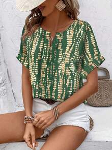 Women's Summer Casual V-Neck Short Sleeve Allover Print Shirt, American Vintage Texture Print Shirt, Vacation Style Flattering Versatile Design - Dark Green - View 4