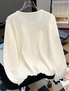 Women's Casual Bow Button Patchwork Contrast Color Pocket Knit Cardigan, Autumn/Winter - White - View 3