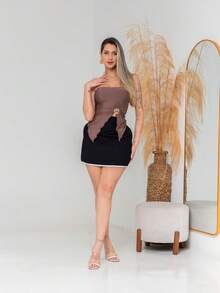 Butterfly Cropped Blouse With Ruffled Neck Tie - Coffee Brown - View 3