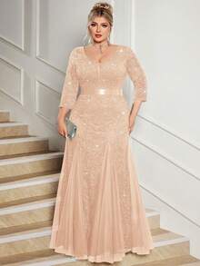 Plus Size Deep V-Neck Sequin Floral Lace Contrast Mesh Mermaid Hem Evening Party Formal Maxi Dress - Rượu sâm banh - Xem 1