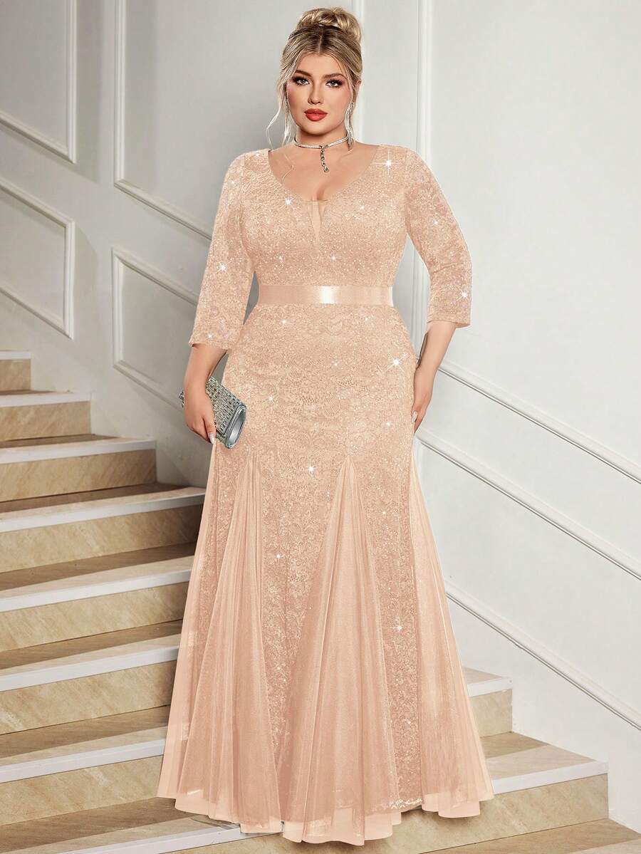 Plus Size Deep V-Neck Sequin Floral Lace Contrast Mesh Mermaid Hem Evening Party Formal Maxi Dress - Rượu sâm banh - Xem 1