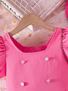 Summer Girls Cute Sweet Square Neck Puff Sleeve Dress With Hat - Hot Pink - View 3