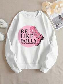 2026 New Years Outfit Women1Pc Women'S Be Like Dolly Graphic Sweatshirt - Pink Boot Print, Casual Crew Neck Pullover, Soft Polyester Blend, Perfect Gift For Independent Women, Ladies Sweaters Women's Minimalist Regular Fit Long Sleeve Sweatshirt - Casual Daily Fits TopLoose And Comfortablewinter Clothes For Women - 黑色 - 查看 6