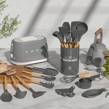 Kitchen Utensil Set - 33-Piece Silicone Kitchen Utensil Set With Holder, Heat-Resistant Kitchen Utensil Brush Set For Non-Stick Cookware, Black Wooden Handle Kitchen Gadget Set, Father's Gift - Grey - View 7