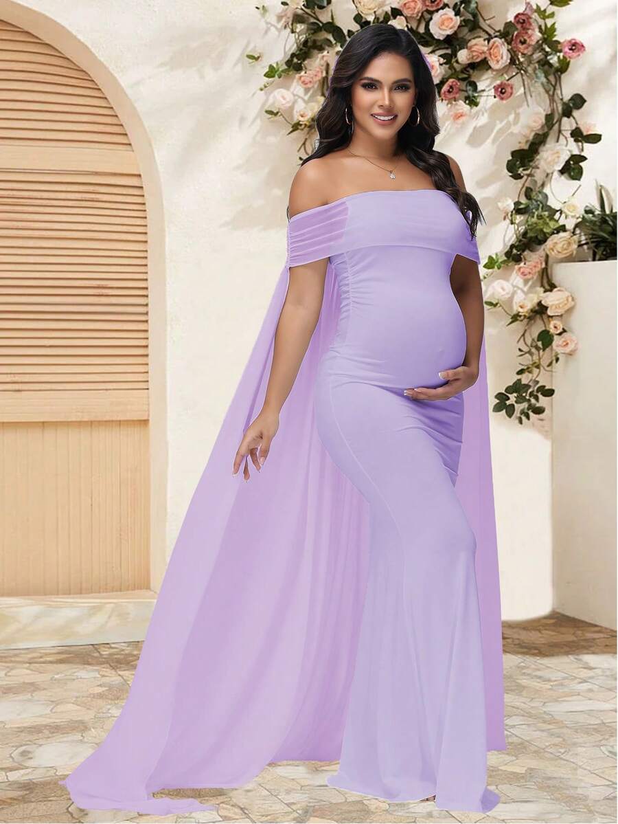 JustVH Đầm bầu thanh lịch với phần vai xuyên thấu, thích hợp cho tiệc mừng em bé sắp chào đời, đầm dài có mũ trùm đầu. - Màu Lilac Tím - Xem 1