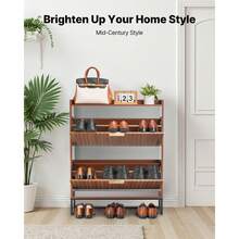 Shoe Cabinet With 2 Flip Drawers, Mid-Century Shoes Storage Cabinet With Anti-Tipping Device, Freestanding Fluted Shoe Organizer, Ideal For Entrance, Hallway, Bedroom, Living Room, Walnut - Medieval Style 31.5-inch 2-Drawer - 查看 2