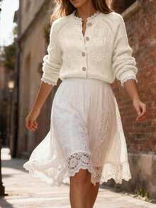 Autumn And Winter Elegant Fashion Casual Comfort Home Beige Lace Decorative Metal Buttons Long Sleeve V-Neck Textured Feeling Semi-Transparent Thin Section Knitted Cardigan,Work/Office, Business Casual Woman