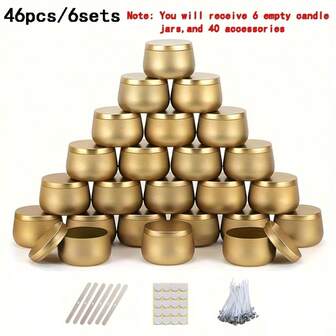 Gold Empty Candle Jar Set, 46 Pieces, 4 Oz Lidded Candle Jars, Includes 6 Empty Candle Jars, 6 Candle Holders, 14 Wicks, And 20 Sticker Sheets. Perfect For DIY Crafts, Art, And Home Decor – Ideal For , Christmas, Valentine's Day, Thanksgiving, And Easter.
