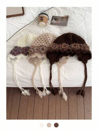 Handmade Crochet Floral Beanie Hat, Retro British Style, Boho Tassel Knitted Headwrap Cap For Women, Autumn/Winter