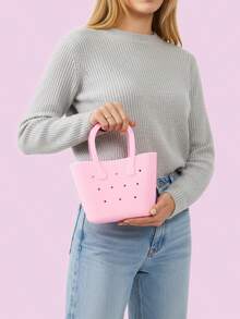 Women's Rubber DIY Tote Bag Portable Solid Color Handbag With Double Handles For Thanksgiving Gifts - Pink - View 2