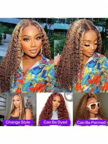 ZHENDEFA 360 Degree Lace Front Wig, Water Wave, 4/27 Ombre Highlights, High Definition Transparent 360 Degree Full Lace Front Wig, Deep Curly, Pre-Plucked, With Baby Hair, 180% Density - S4/27 - View 5