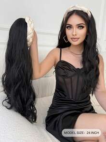 24英寸黑色长卷发假发，可拆卸头带，女士合成纤维半头假发，自然半头假发，适合女孩日常、音乐节派对、街头穿着