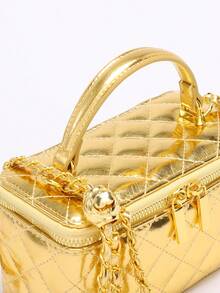 Classic Quilted Chain Strap Box Bag – Versatile Handheld Crossbody Evening Bag, Intricate Embroidered Quilted Design, Structured Formal Event Handbag, Compact Capacity Gatherings & Special Occasions,Purses And Bags Women,Burgundy Purse,Gold Purse,,Gifts - Vàng - Xem 2