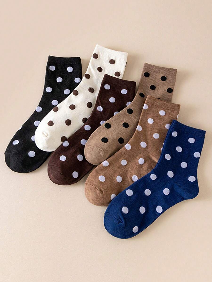 6双装女士甜美波点学院风吸湿排汗防摩擦中筒袜，秋冬季