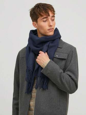 1pc Classic Herringbone Pattern Fringed Solid Color Cashmere Scarf, Unisex Fashion Casual Windproof Warm Shawl, Comfortable Blanket Scarf, Suitable For Daily Wear, Autumn/Winter