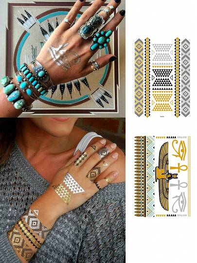 2 Sheets Body Art Temporary Tattoos Suitable For Women Or Men, Gold Foil Tattoos, European And American Style Geometric And Eye Patterns, Waterproof Fake Tattoos, Lasting 2-5 Days, Can Be Used On Hands, Arms, Neck, Shoulders, Chest, Waist, Legs, And Back, Suitable For Festivals, Parties, Gifts, Vacations, Music Festivals,Body Decoration.