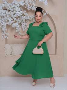 Women's Plus Size Midi Dress With Lined Square Neckline, Short Sleeves, Shoulder Tie, Padded Cups And Elastic Back In Duna Linen - Elegant Fashion Party Dress - 綠旗 - 查看 1