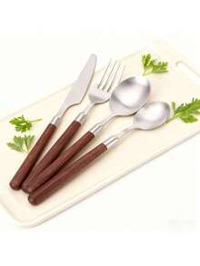 4pcs Stainless Steel Steak Knife, Fork And Spoon Cutlery Set, Faux Walnut Handle, Japanese Style Flatware - Multicolor - View 3